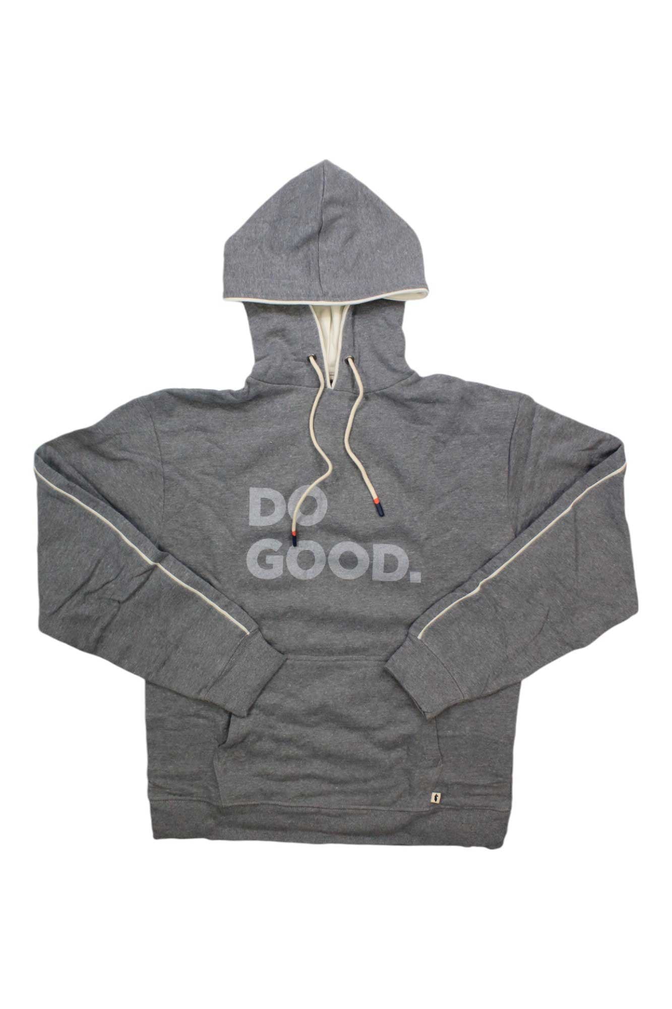 The Cotopaxi Womens Do Good Hoodie, in gray organic cotton with white drawstrings and a bold "DO GOOD." print on the front, is displayed flat on a white background.