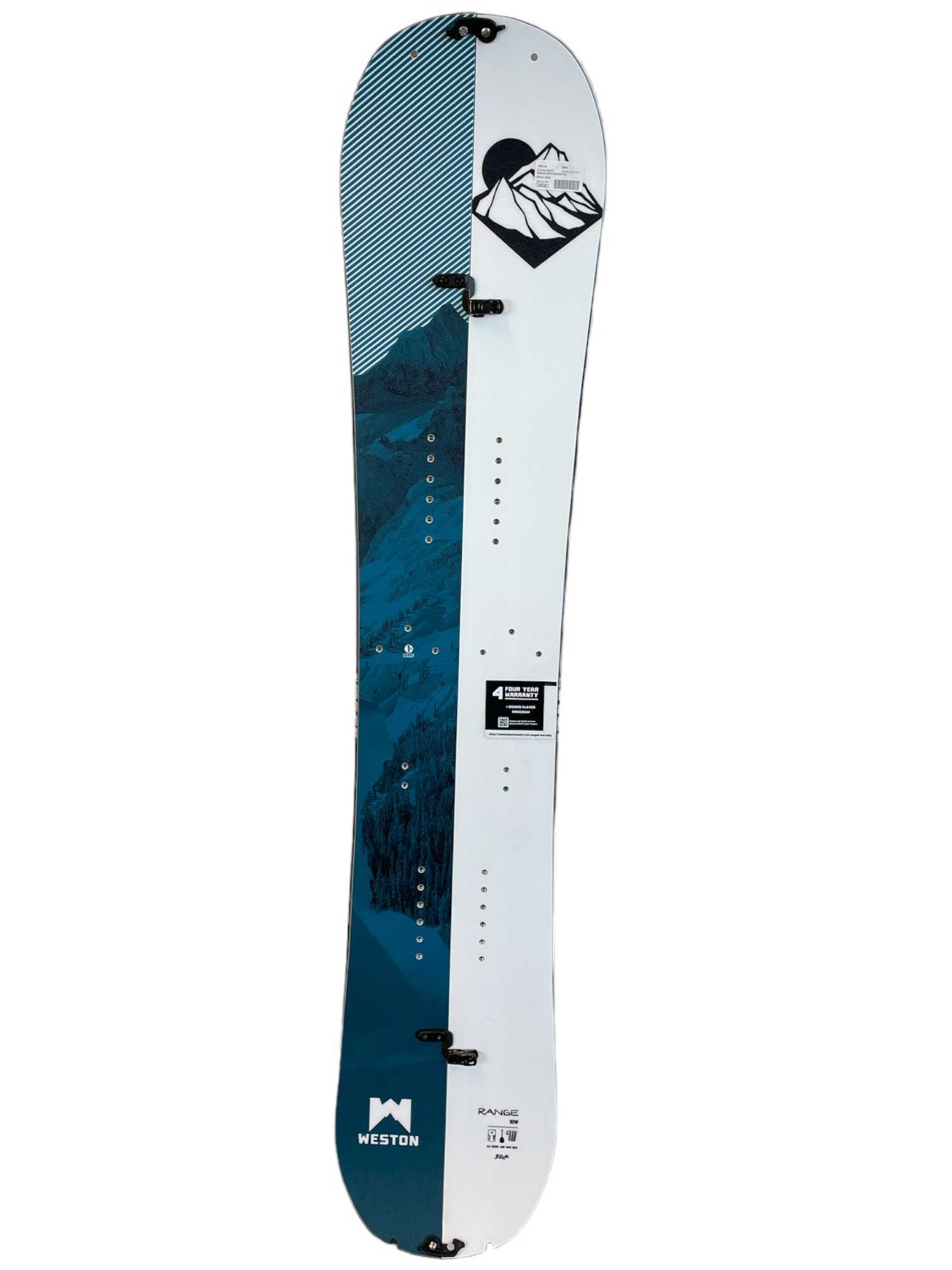 The Weston Range Splitboard is a directional twin with a blue and white mountain design, snowy peaks, sun graphic, multiple binding inserts, and the Weston logo—ideal for your next backcountry adventure.