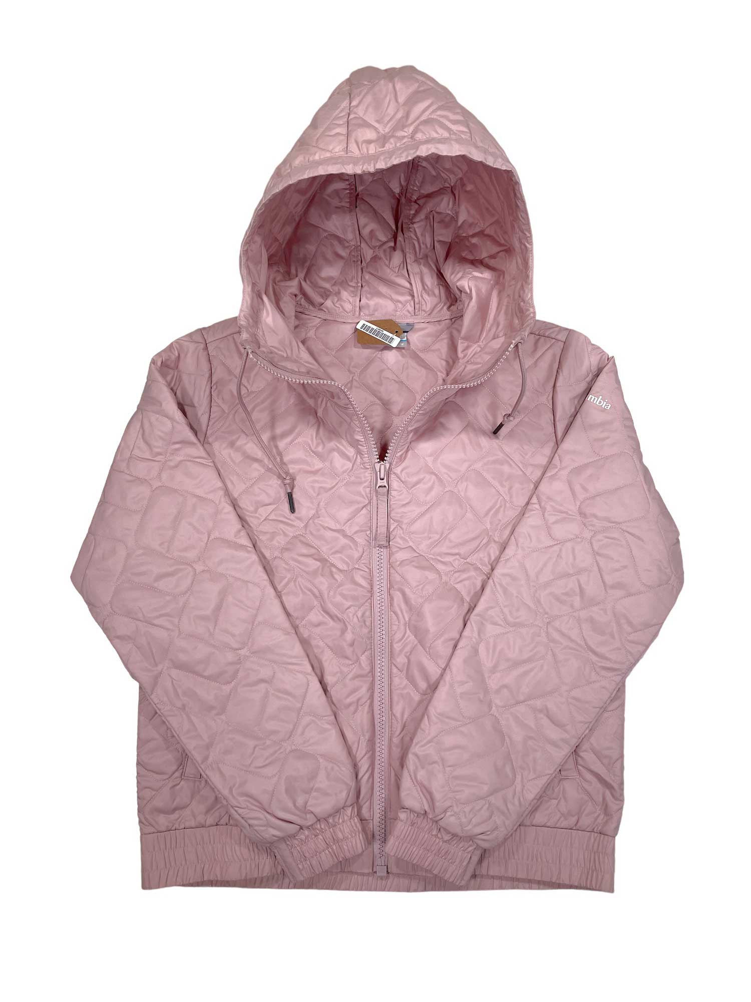 Women’s pink insulated bomber jacket with hood, full zip, logo patch at chest