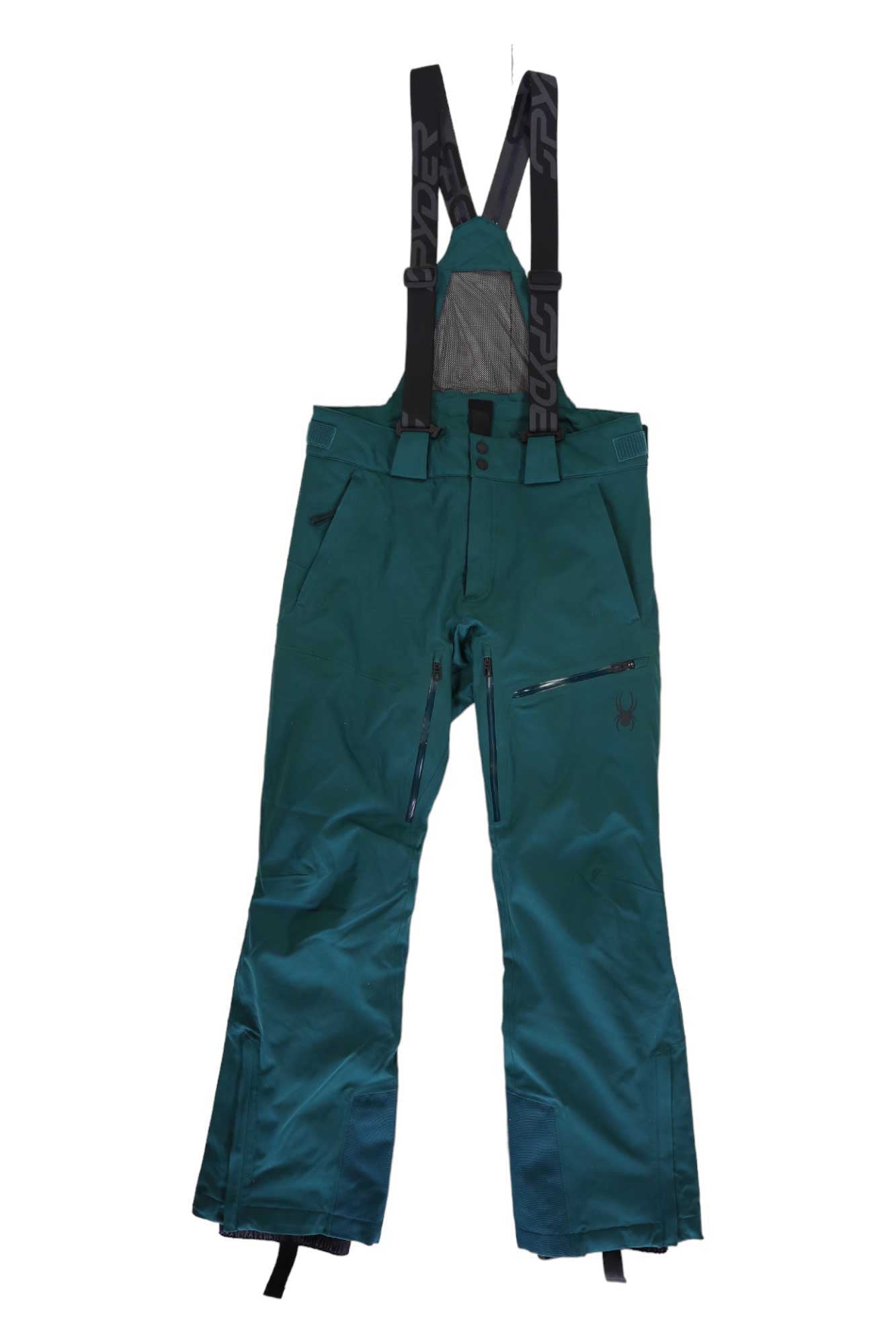 Spyder Mens Dare Pant waterproof ski pants feature black adjustable suspenders, Primaloft insulation, multiple zippered pockets, reinforced cuffs, and a small spider logo on the right leg. Pants are laid flat and front facing.