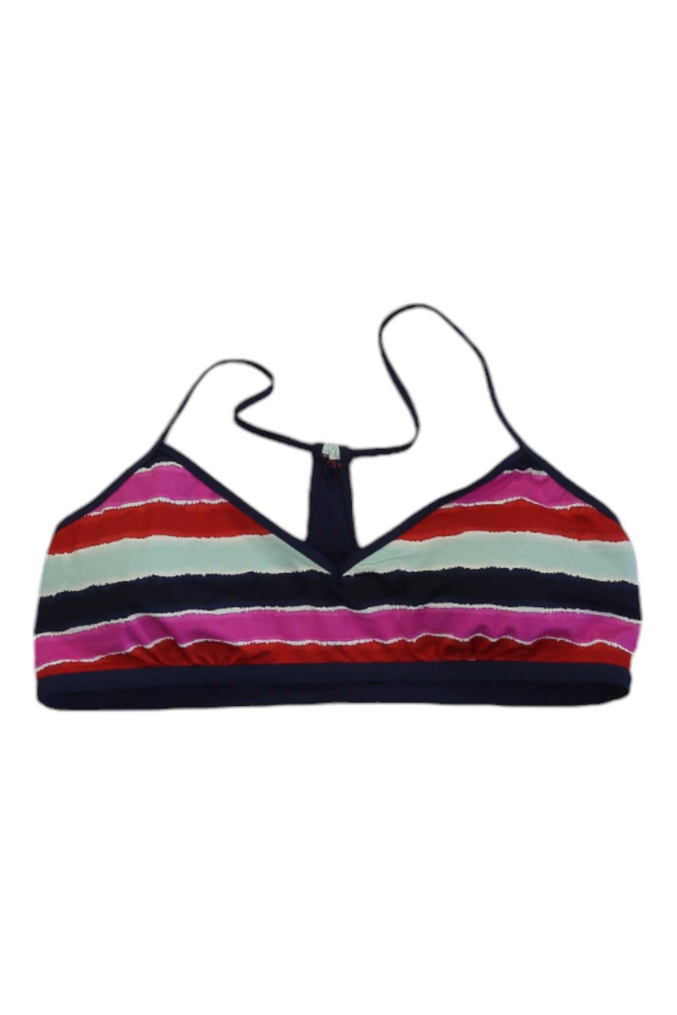 The Carve Designs Womens Stinson Top is a bikini top with thin shoulder straps and horizontal pink, red, white, and navy blue stripes—a stylish women's swimwear essential shown on a white background.