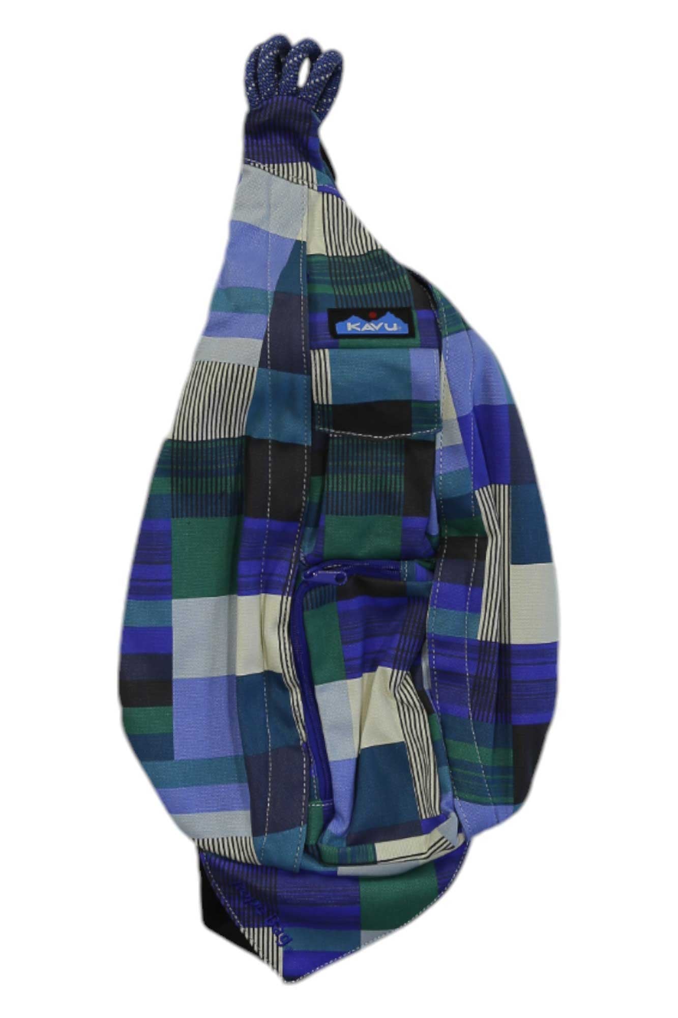 The KAVU Womens Rope Bag is a sling-style bag with a blue, green, black, and white plaid design, an adjustable rope shoulder strap, and a front zipper pocket—ideal for stylish travel.