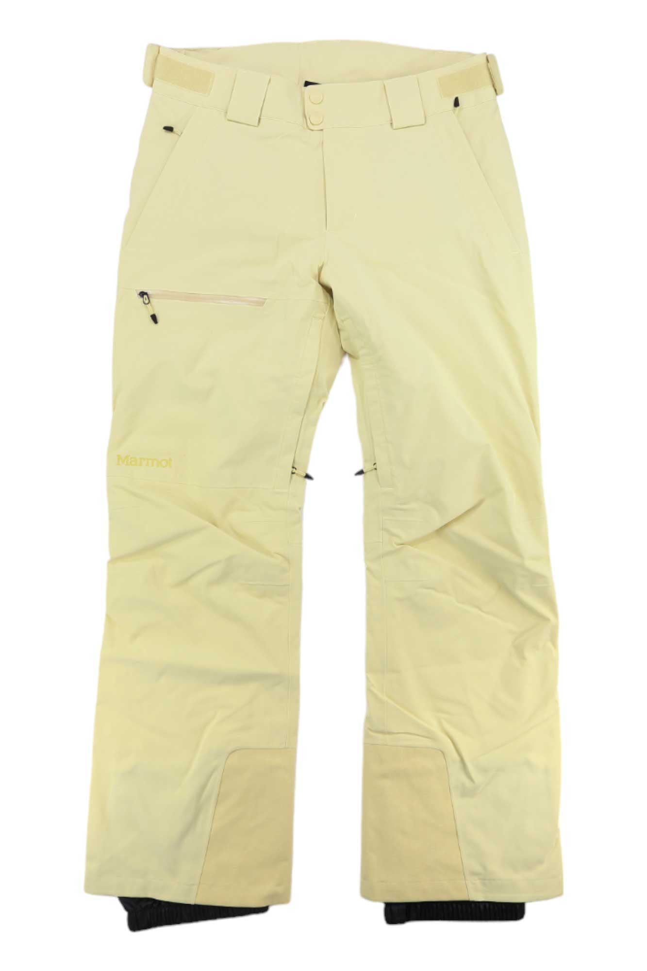 Light yellow Marmot Womens Refuge Pant featuring NanoPro waterproof tech, zippered pockets, belt loops, and black reinforced ankle cuffs, shown flat on a white background.