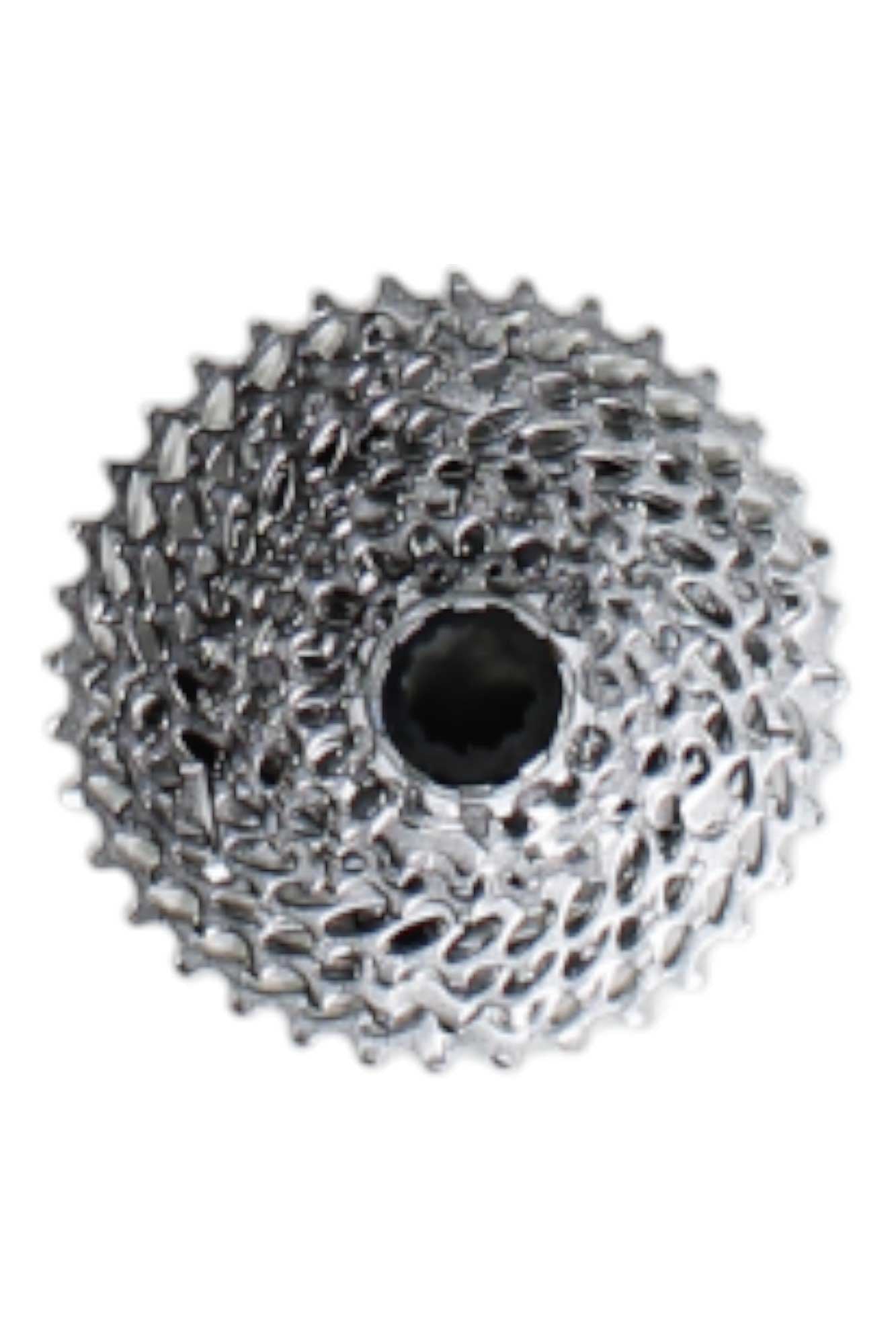 A SRAM PG-1030 Cassette - 10 Speed in silver, featuring multiple sprockets arranged circularly for smooth gear shifts, shown from above on a white background.