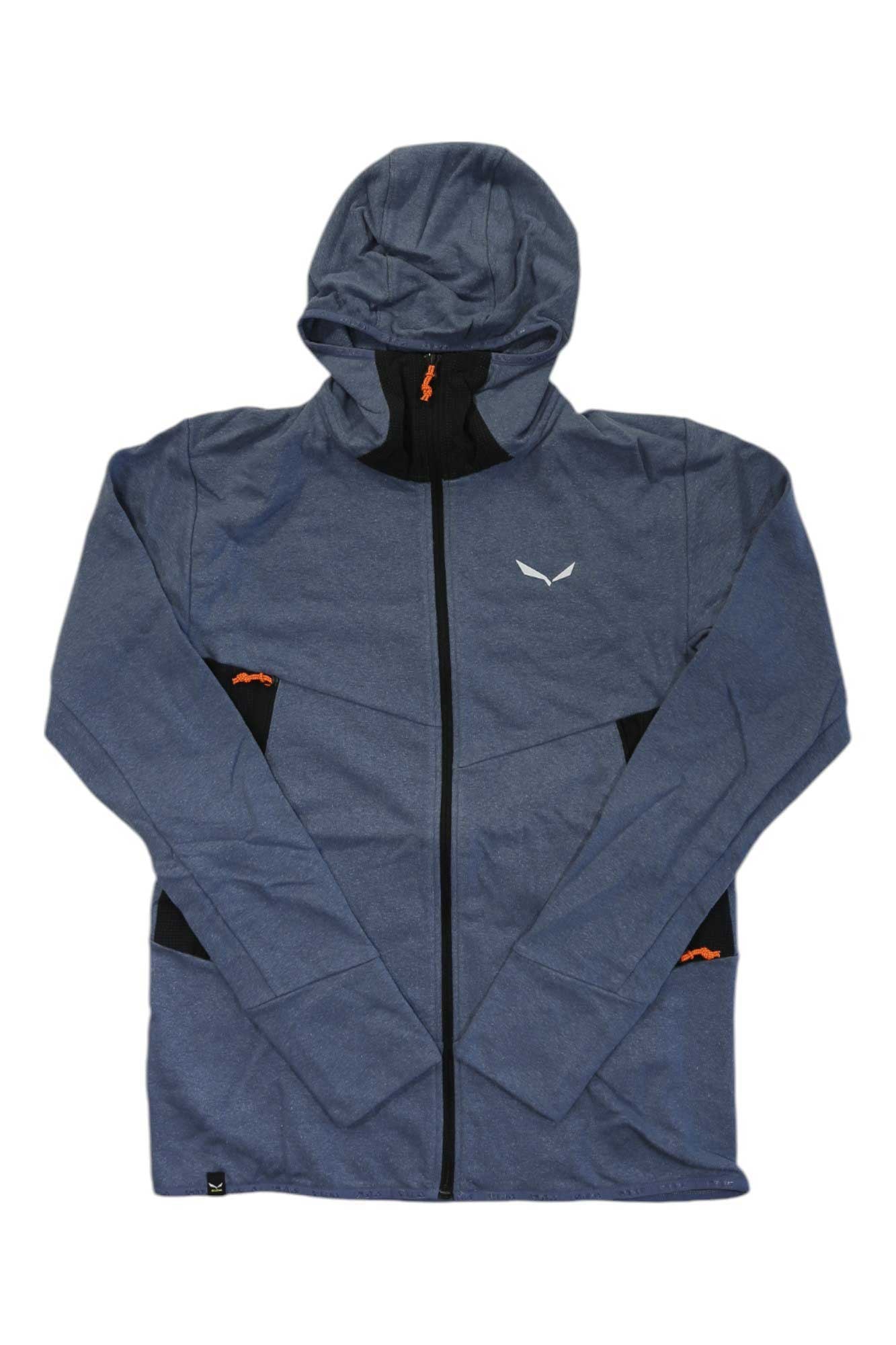 Men's hemp hooded jacket, blue full-zip with hood and orange logo detail