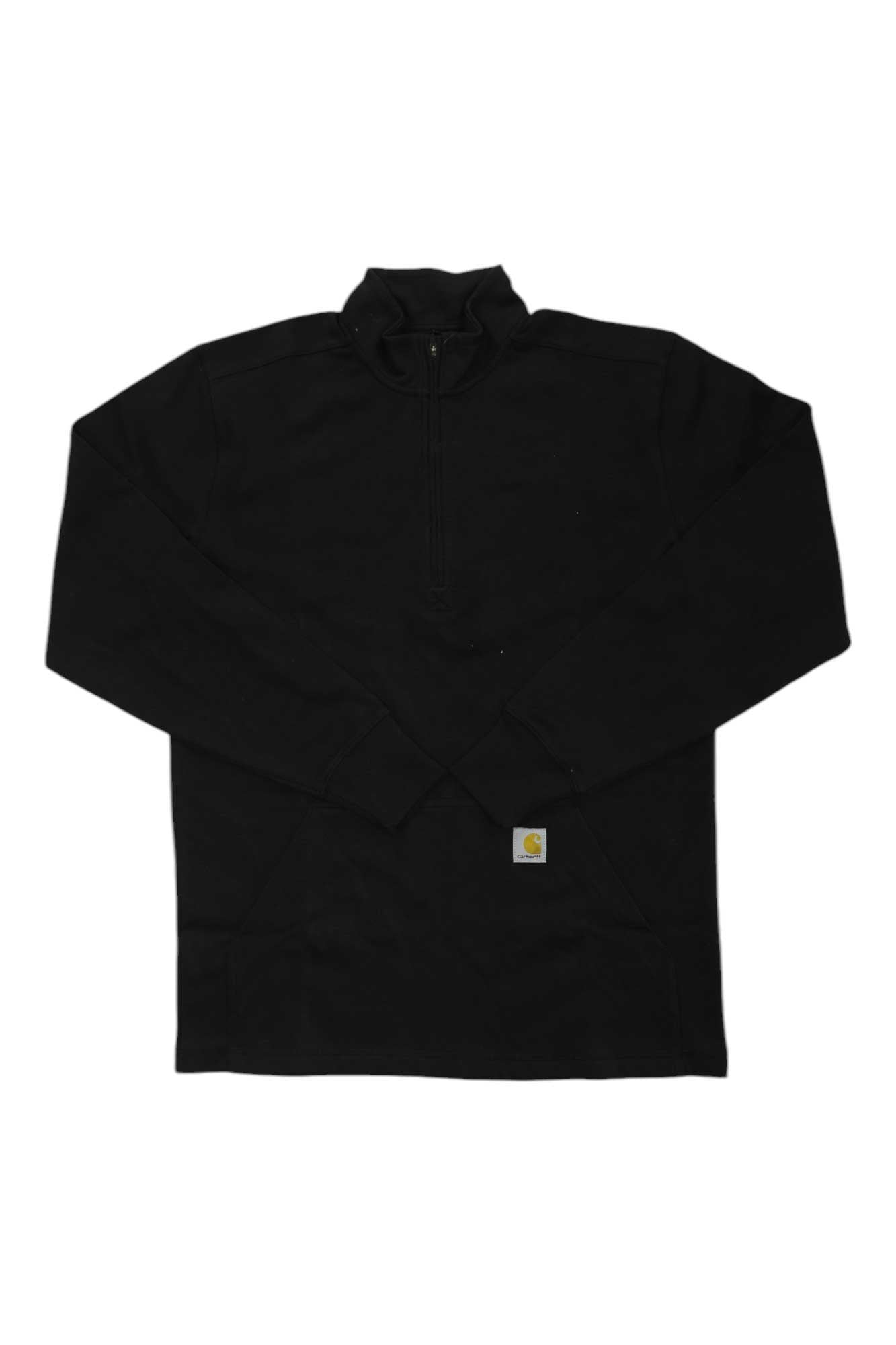 The Carhartt Men's Relaxed Fit Heavyweight LS Half Zip Thermal T-Shirt is a black pullover with a quarter-zip collar and a small Carhartt logo patch near the hem, shown laid flat on a white background.