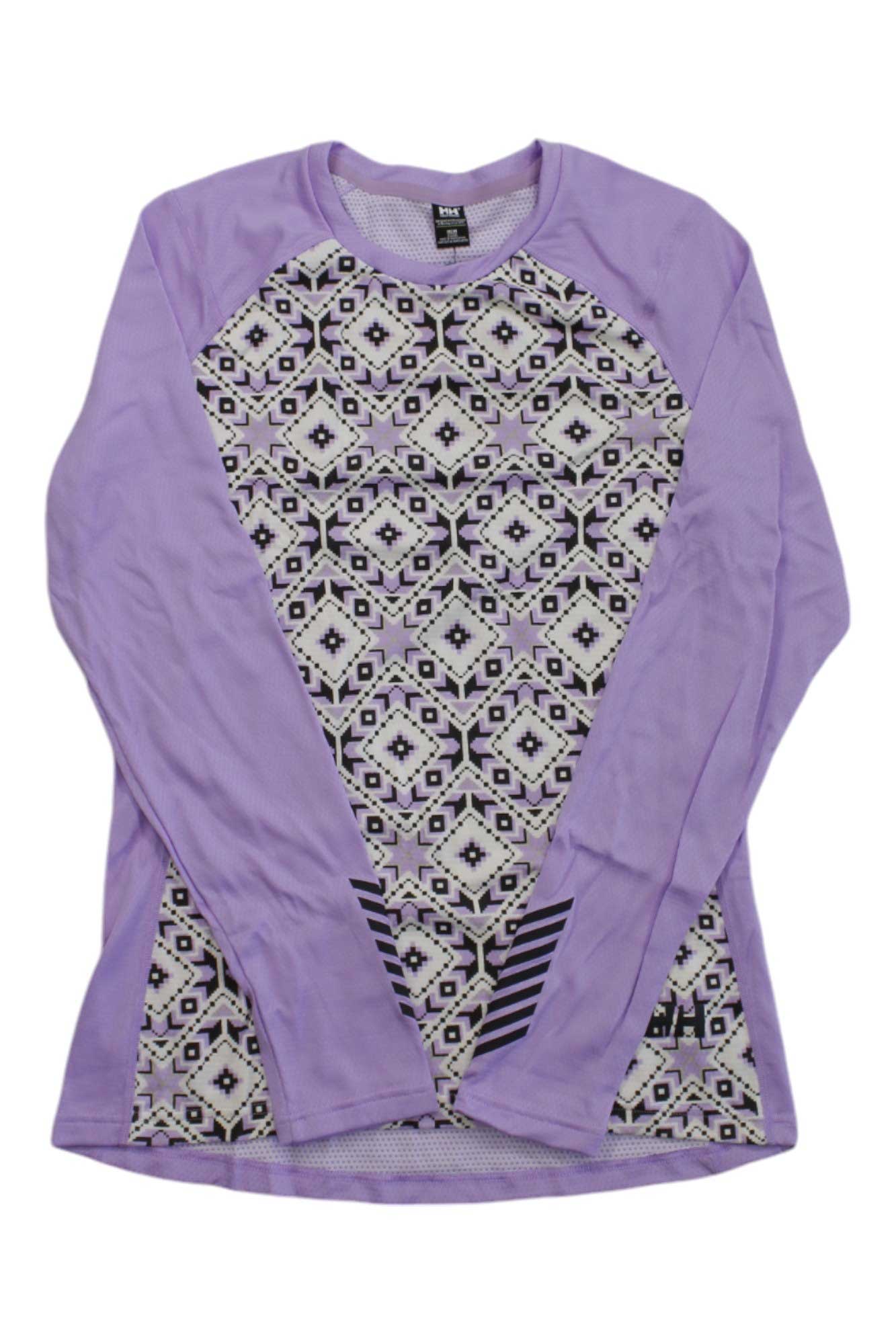 The Helly Hansen Women's Lifa Active Graphic Crew Top is a long-sleeve lavender base layer with geometric black and white front and side panels, black diagonal stripes at the bottom, offering lightweight insulation and moisture management.