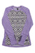 The Helly Hansen Women's Lifa Active Graphic Crew Top is a long-sleeve lavender base layer with geometric black and white front and side panels, black diagonal stripes at the bottom, offering lightweight insulation and moisture management.