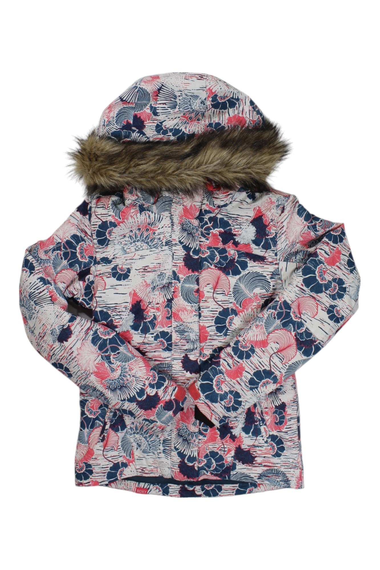 The Roxy Womens Jet Ski Jacket is a children’s hooded winter coat with a pink, navy, and white floral pattern and cozy faux fur trim on the hood, shown laid flat on a white background.