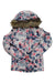 The Roxy Womens Jet Ski Jacket is a children’s hooded winter coat with a pink, navy, and white floral pattern and cozy faux fur trim on the hood, shown laid flat on a white background.