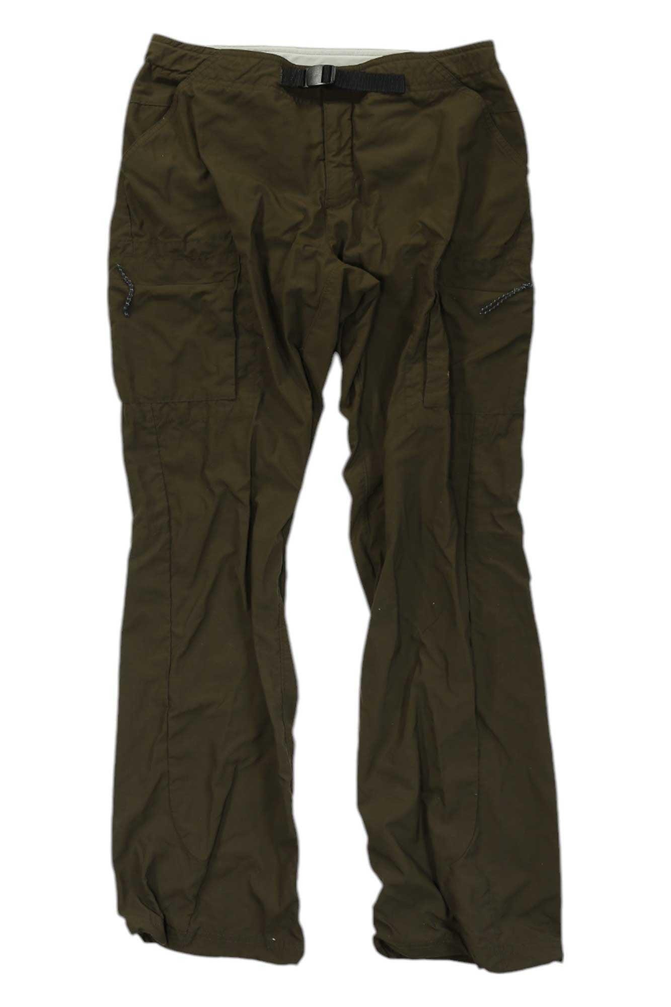 Dark green belted hiking pants with zip fly, button, and cargo-style side pockets