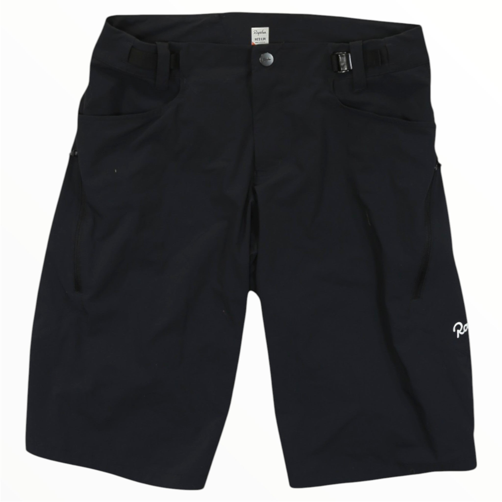 Men's trail shorts in black with adjustable waist tabs and side zip pockets