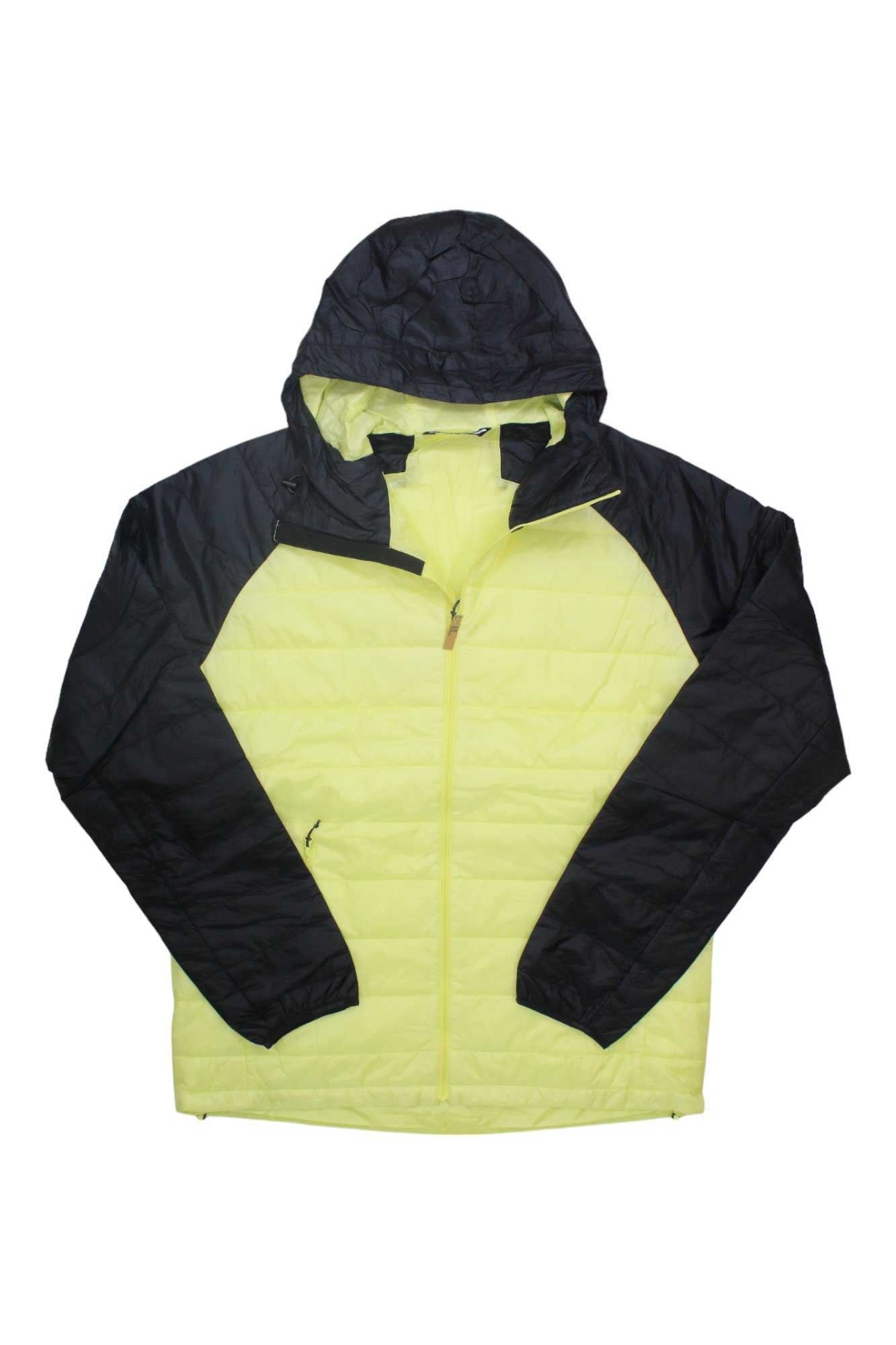 The Salomon Men's Outline HD Insulated Jacket, shown flat on a white background, features a yellow body with black sleeves and hood. This lightweight, packable jacket has a front zipper and side pockets—perfect for hiking or daily wear.