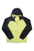 The Salomon Men's Outline HD Insulated Jacket, shown flat on a white background, features a yellow body with black sleeves and hood. This lightweight, packable jacket has a front zipper and side pockets—perfect for hiking or daily wear.