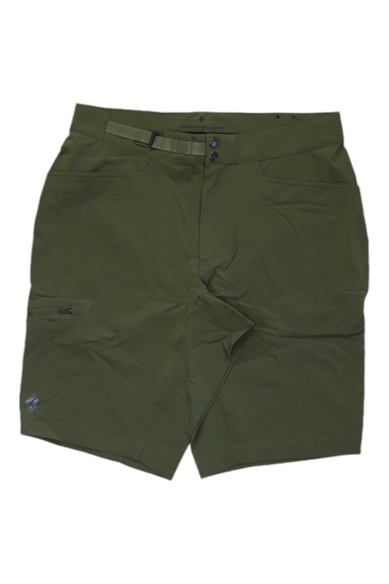 The Black Diamond Mens Valley 11.5 Short features olive green, knee-length design with front zipper, button closure, side and zippered right leg pocket. Water-resistant, harness compatible, and includes a matching fabric belt for added convenience.