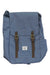 The Herschel Supply Company Retreat Small Backpack is blue with a flap closure, two brown buckle straps, side pockets, and a classic design. Made from EcoSystem recycled fabric, it has a white label and fits small laptops.