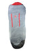 Women's 15 sleeping bag with red hood, light gray shell, red zip panels, black foot