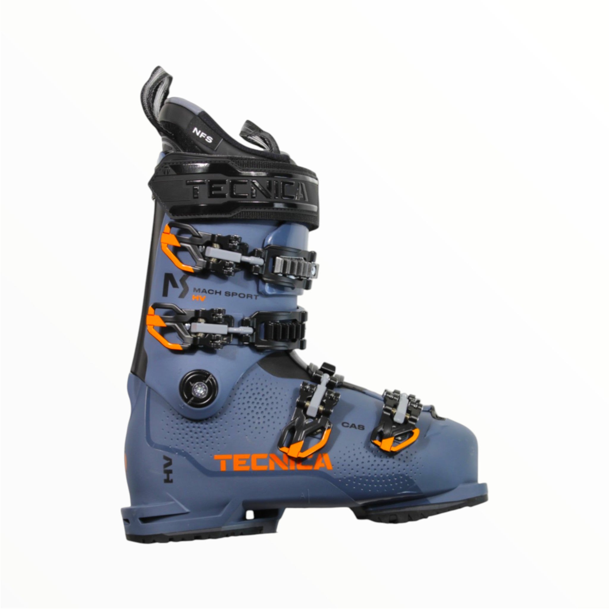 A Tecnica Mach Sport EHV 120 GW Ski Boot in blue and black with orange accents, four buckles, and a power strap is shown against a white background. The boot offers a customizable fit and high performance.