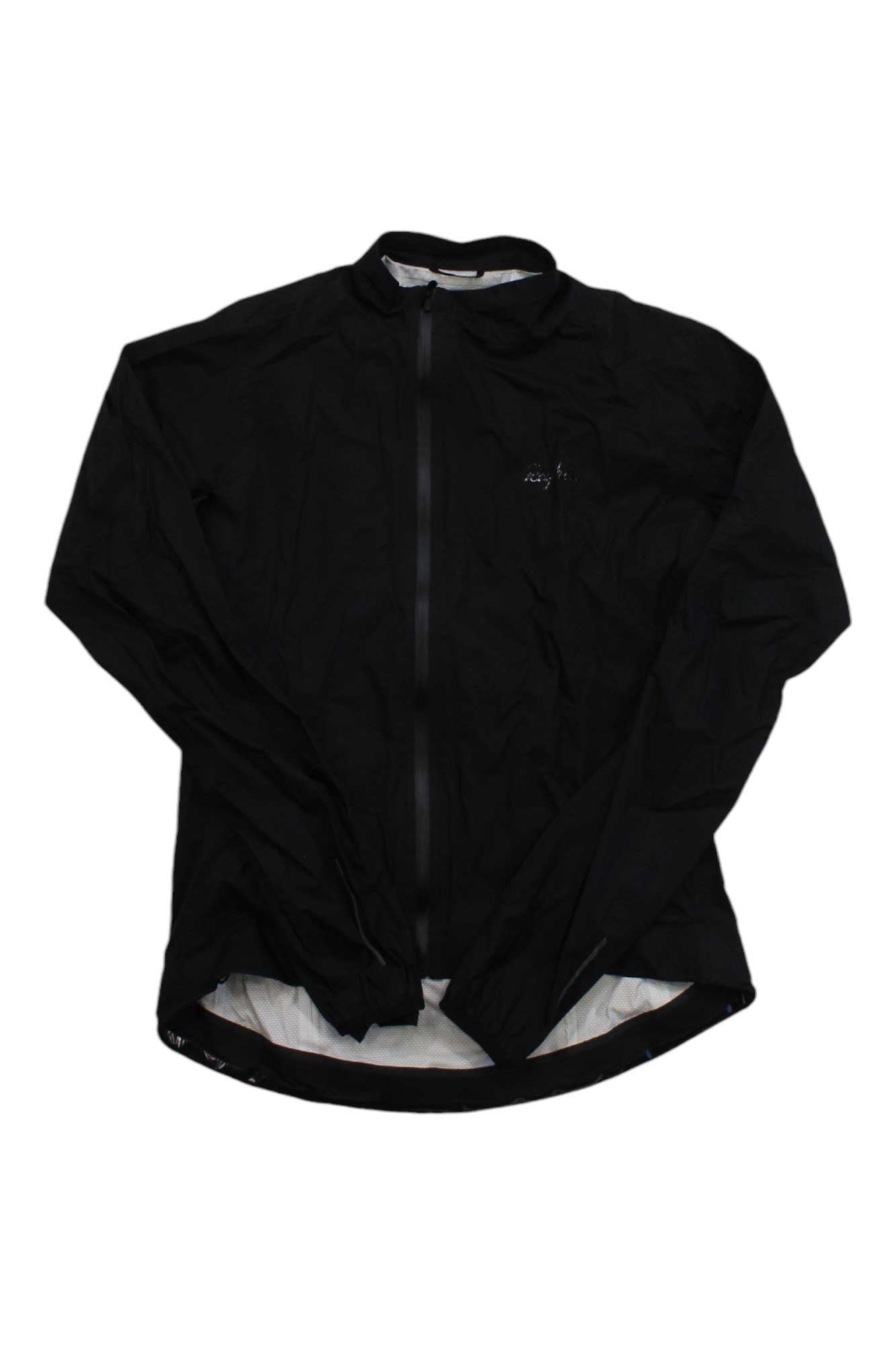 Men's black rain jacket with full-length zipper and stand collar, white trim at hem