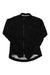 Men's black rain jacket with full-length zipper and stand collar, white trim at hem