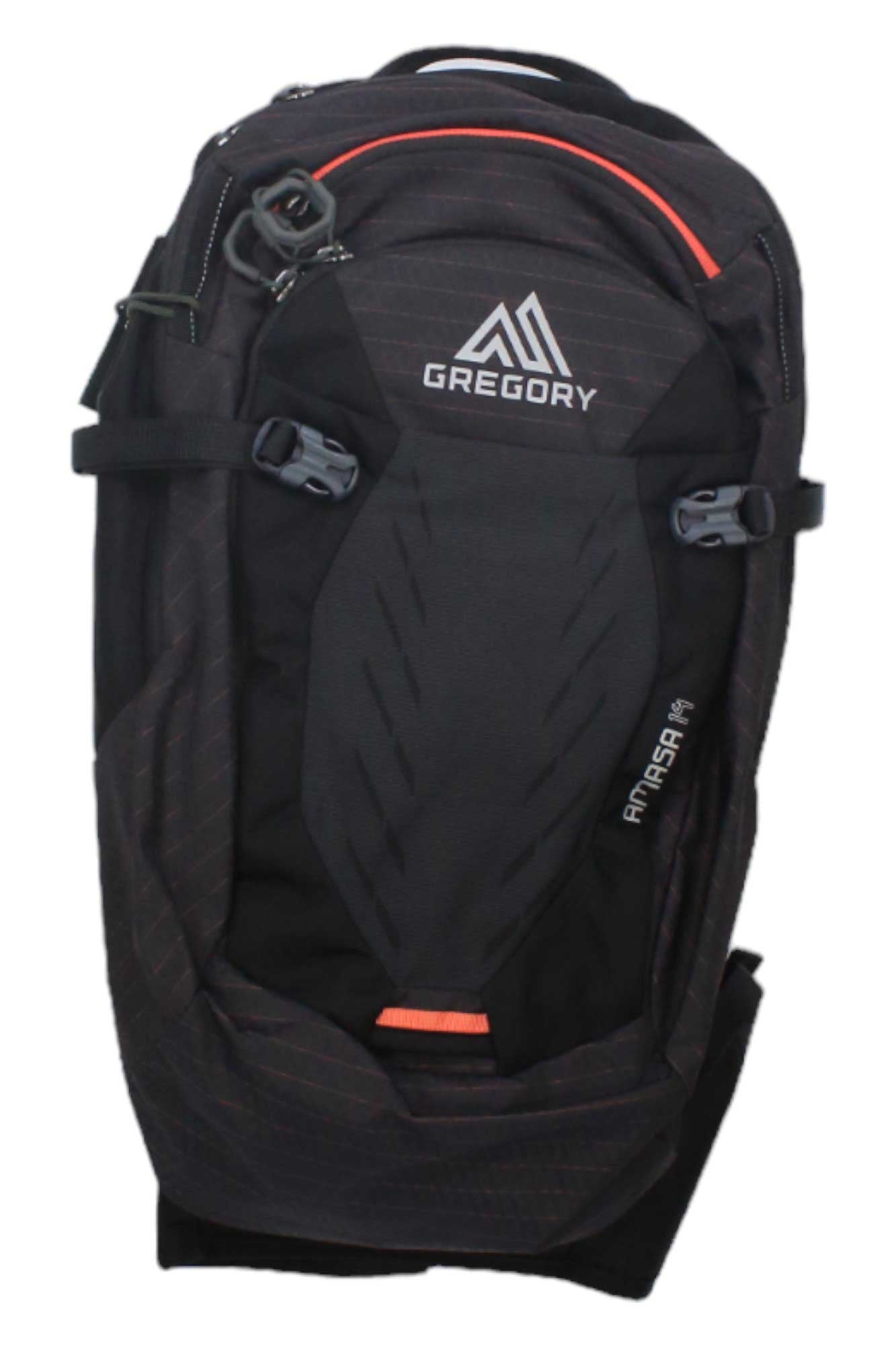 The Gregory Women's Amasa 14L H2O Pack is a black backpack with gray and orange accents, featuring the Gregory logo and "Amasa 14" on the front, multiple compartments, bike-specific organization, and an adjustable ride stability belt.