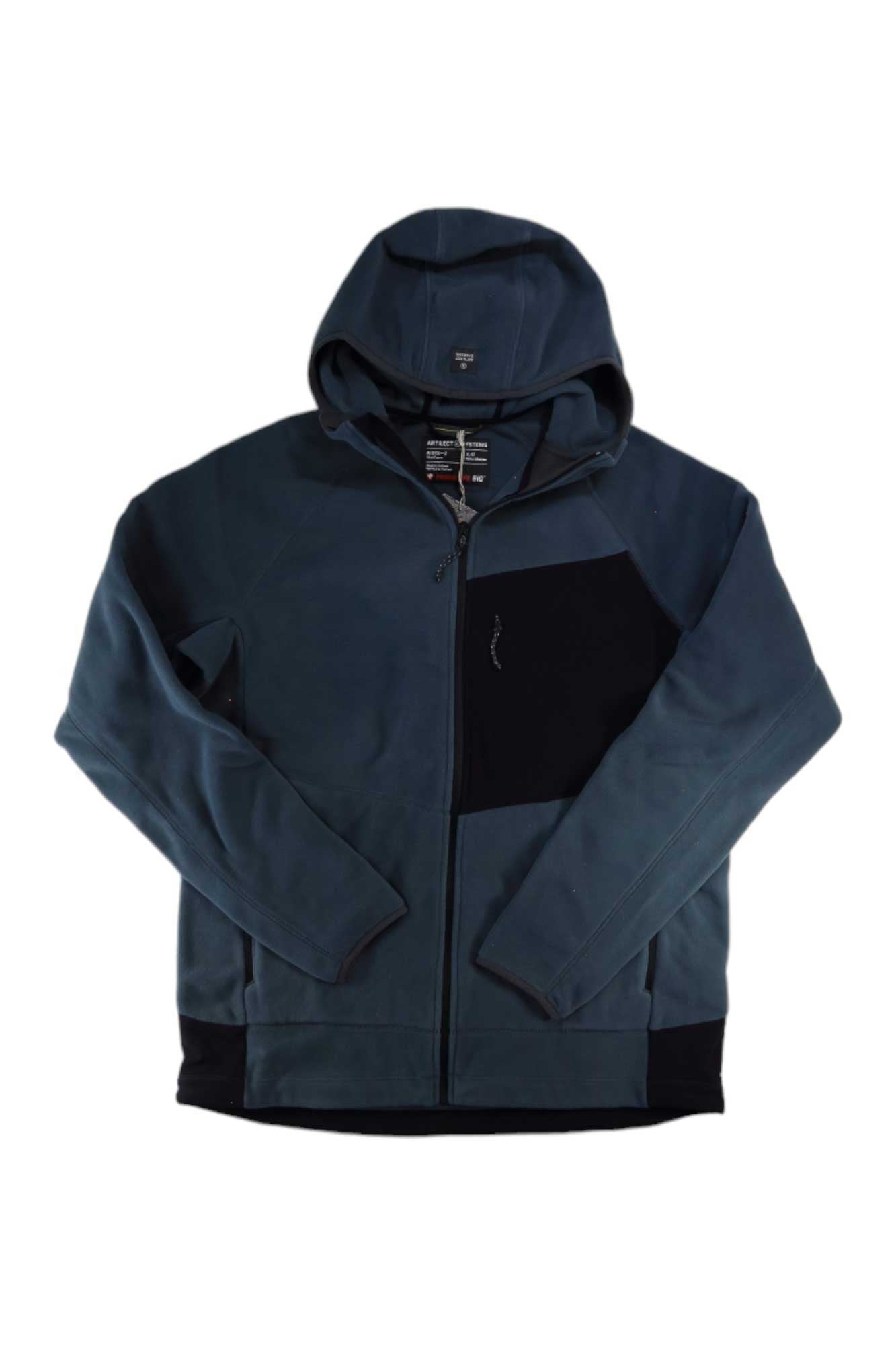 The Artilect Men’s Supermoon Bio Hoodie, a blue zip-up jacket with a black chest pocket and black accents on the cuffs and hem, is shown flat on a white background—ideal for multisport activities.