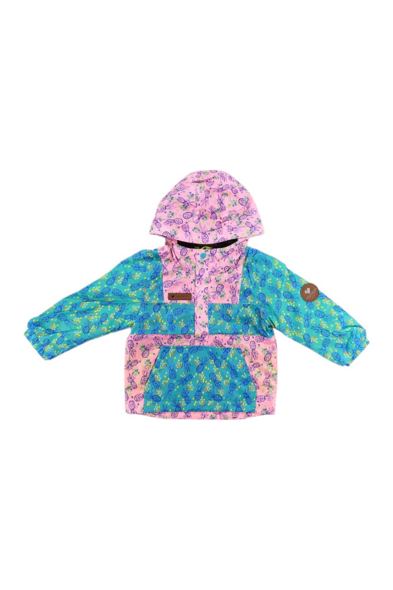 The Obermeyer Kids Finn Windbreaker Jacket features a vibrant floral pattern, blue sleeves, a pink and purple hood and body, green accents, front pockets, and a brown patch on the left arm.