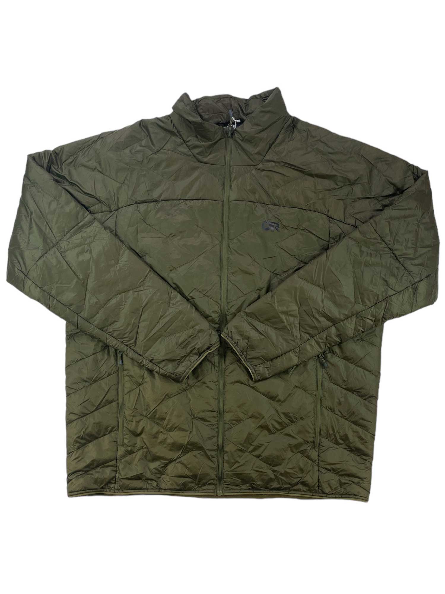 The Outdoor Research Mens SuperStrand LT Jacket is an olive green, water-resistant, quilted jacket with long sleeves, a front zipper, and a stand collar. It features lightweight insulation and a subtle stitched pattern for added style.