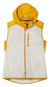 Women’s hooded ultralight vest with front full-zip; white body with yellow trim and drawcords