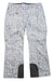 The Obermeyer Womens Malta Pant shown laid flat, back side up, features a white design with a gray abstract pattern, back zipper pocket, reinforced dark gray inner ankles, and offers insulated waterproof protection for skiing.