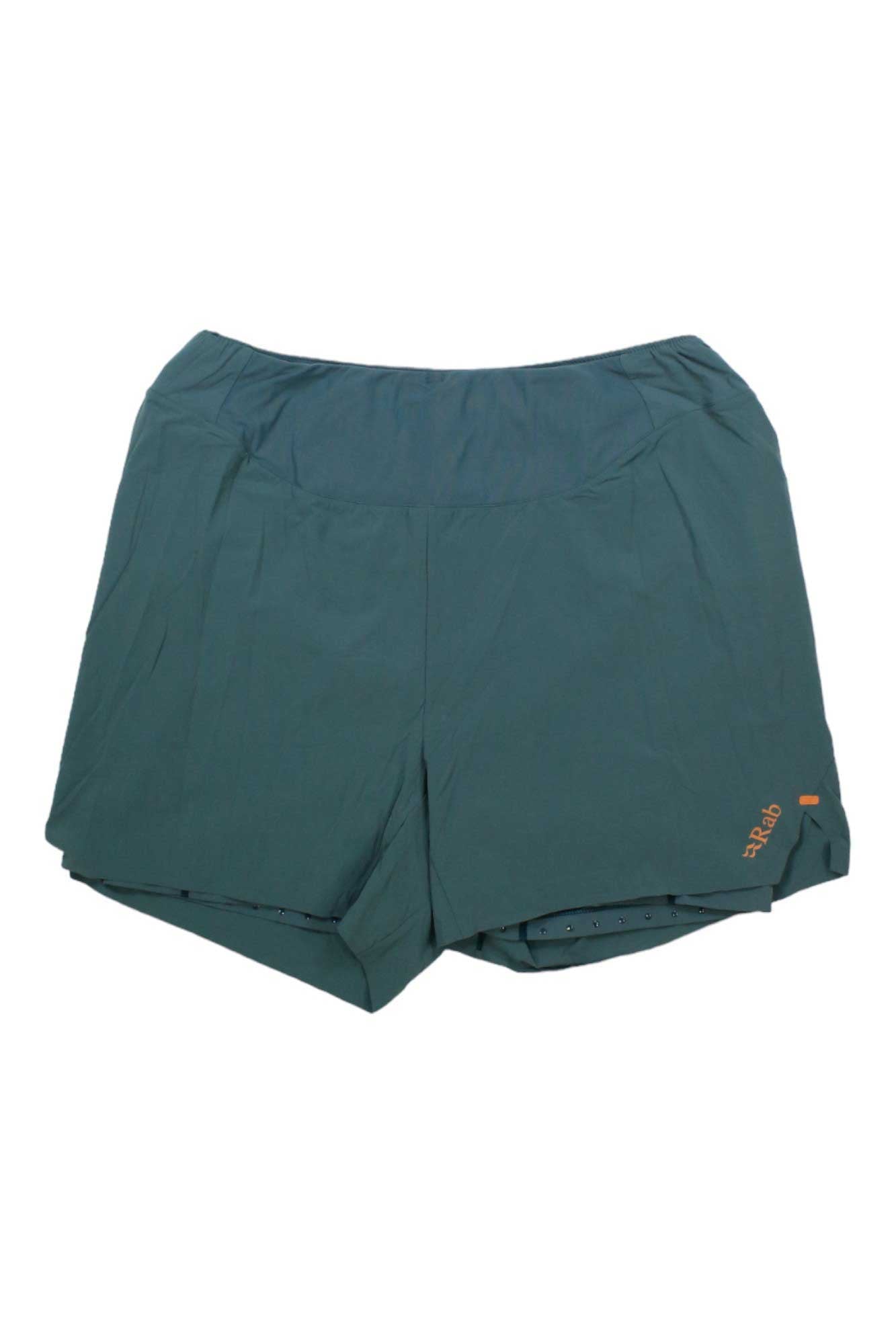 Men's 7-inch trail shorts, teal with side pockets and orange logo accents