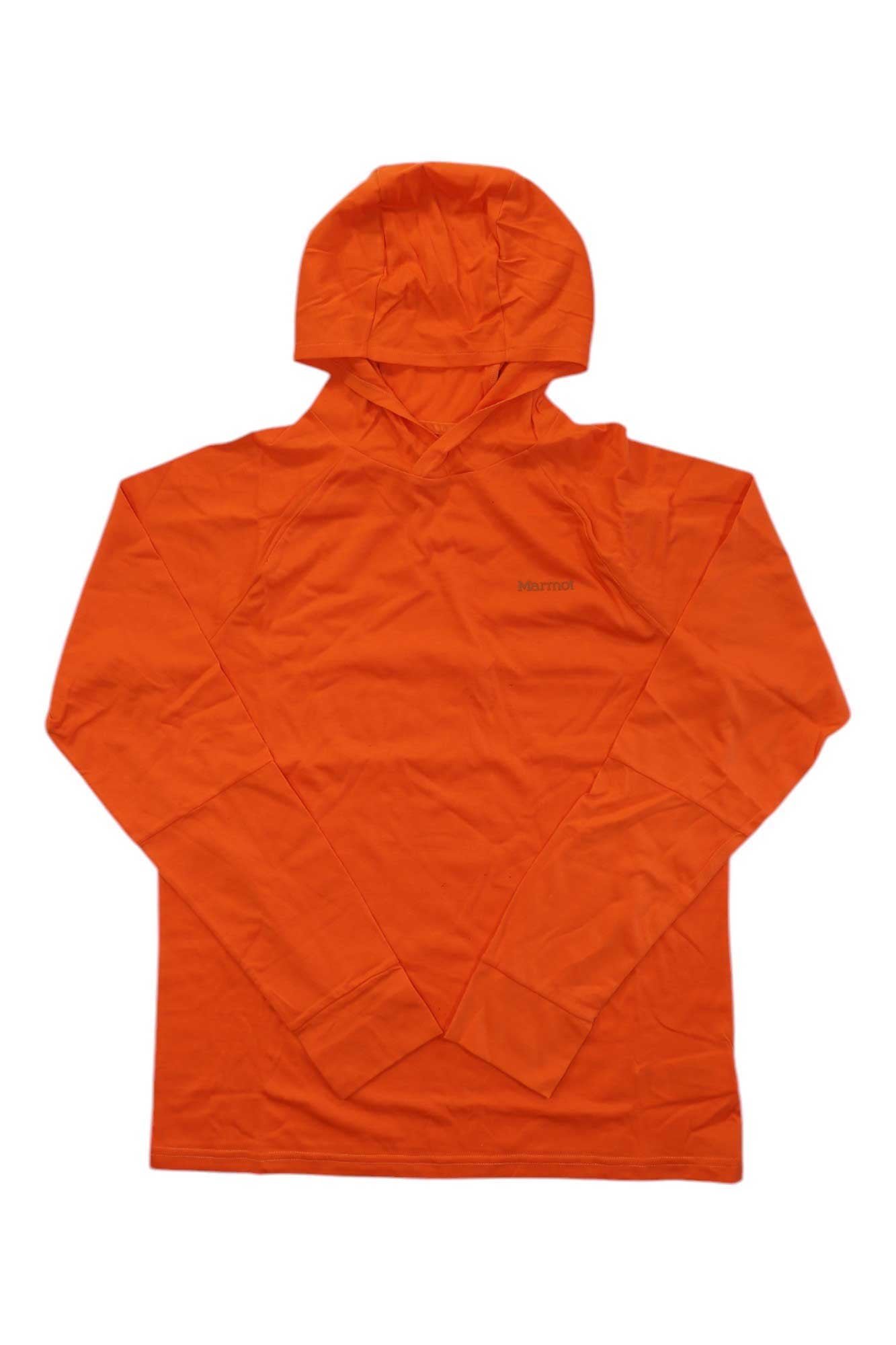 Men's crossover hoody with adjustable hood, bright orange color, small chest logo