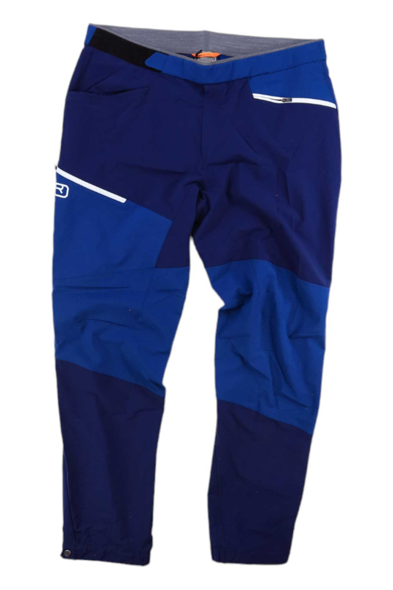 Men's blue ski pants with white side stripe, belt loops, and zip fly