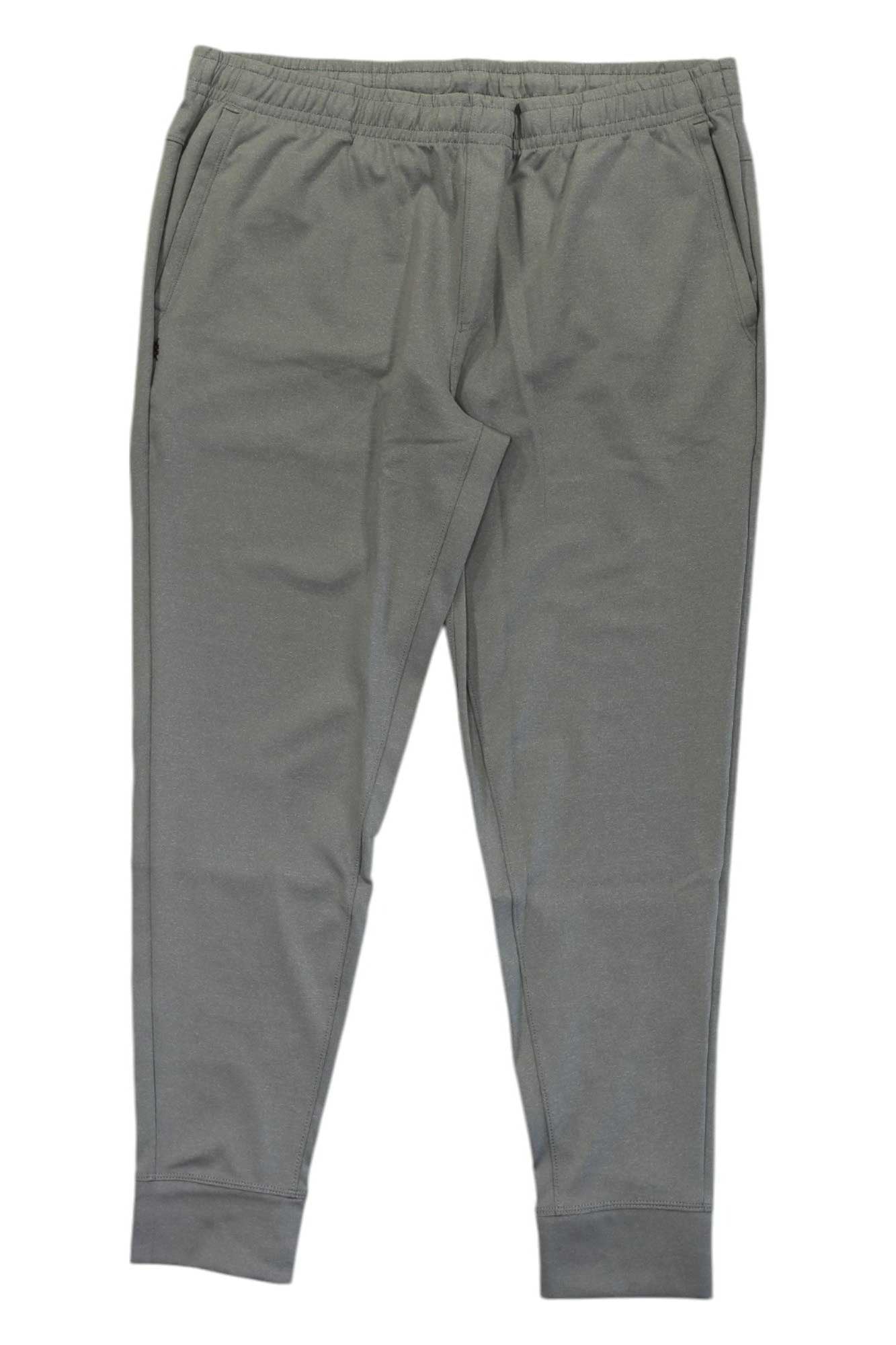 The Rhone Men's Spar Jogger in gray features an elastic waistband, side pockets, fitted ankle cuffs, and moisture-wicking fabric—perfect running pants for all-day comfort. Laid flat on a white background.