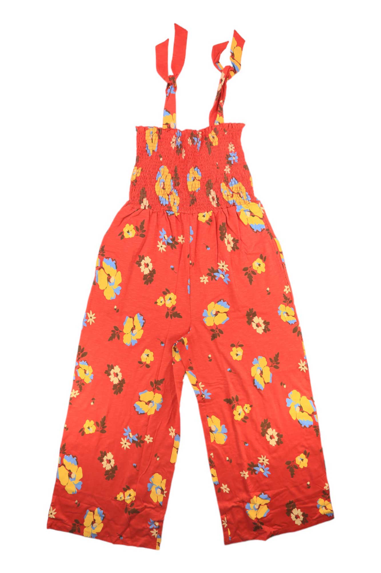 Women's sleeveless jumpsuit in red floral print, wide-leg, adjustable shoulder ties