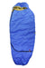 Youth synthetic sleeping bag in blue with green hood and black drawcord foot opening