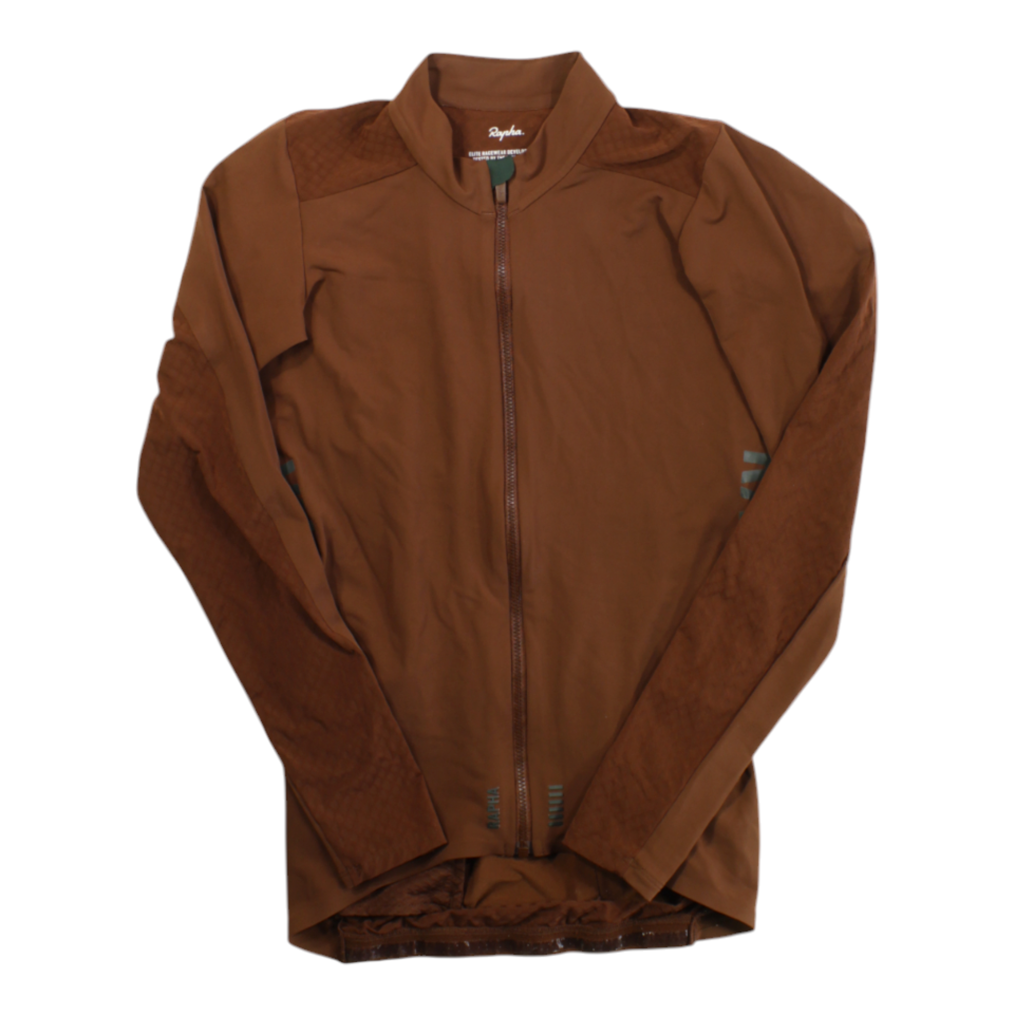 Brown long-sleeve cycling jersey with full-length zip and stand collar.