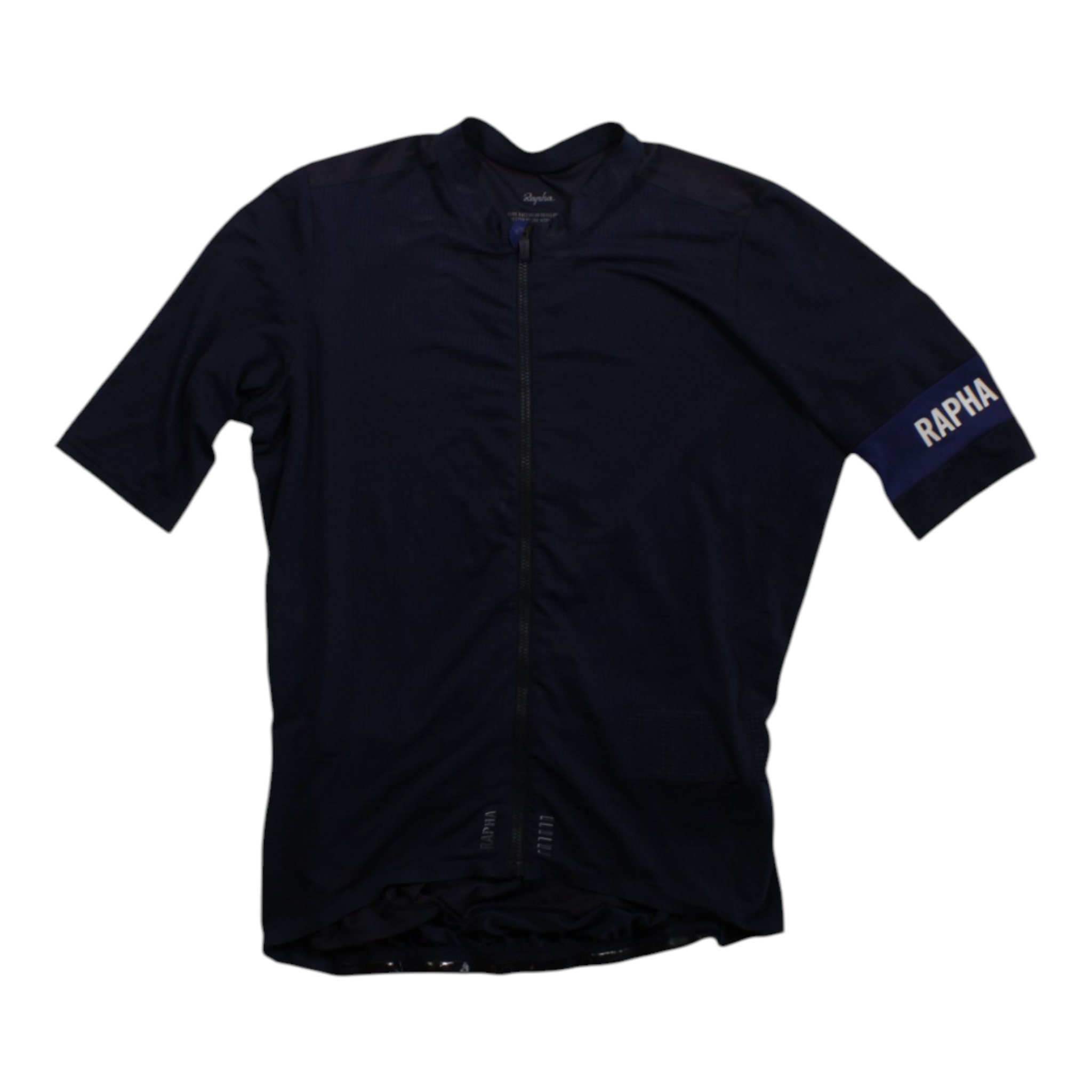 Men's navy cycling jersey, full-zip front, short sleeves with Rapha logo patch.