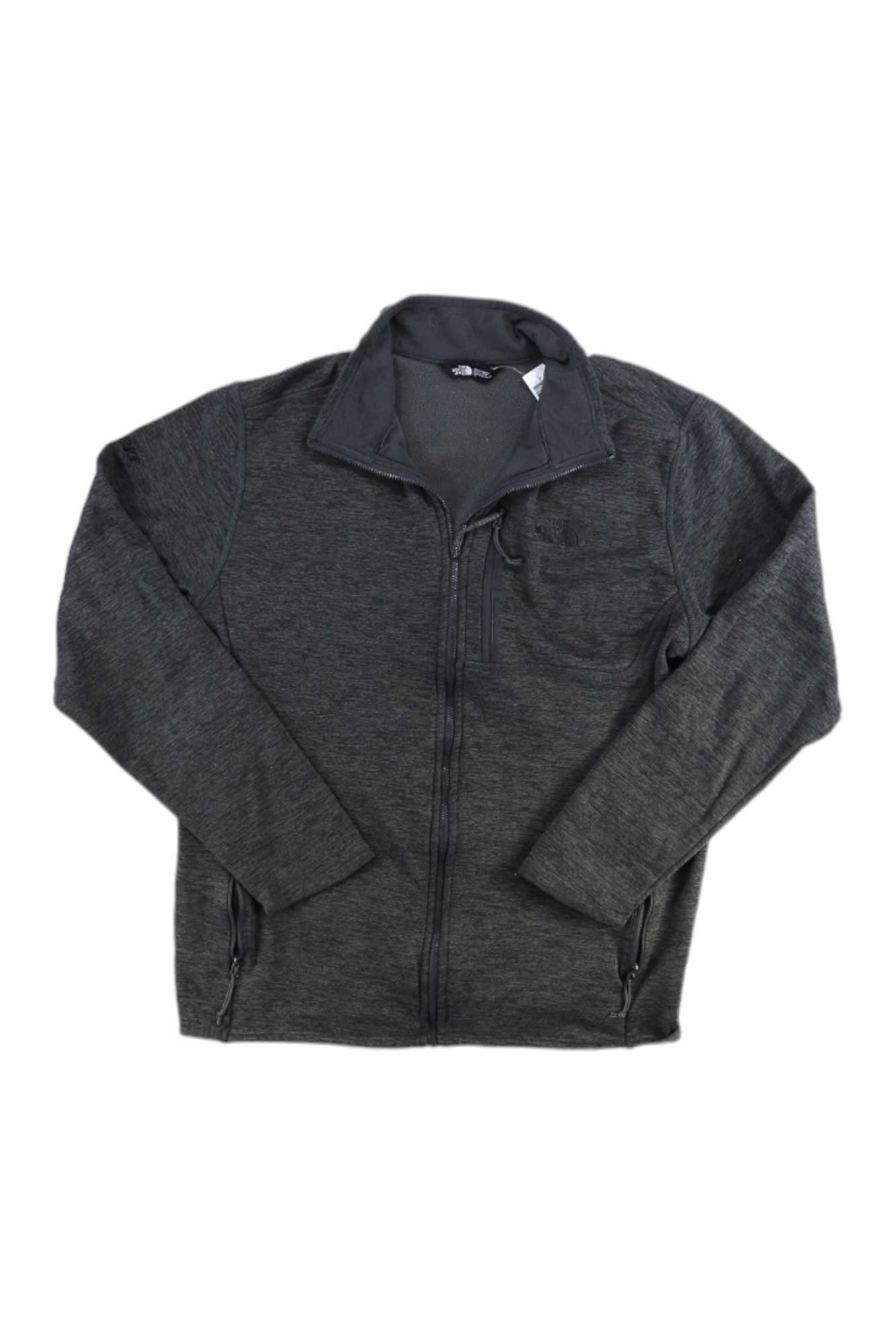 The North Face Mens Skyline Full Zip Fleece Jacket in dark gray, featuring a high collar, recycled stretch fleece, long sleeves, two front zip pockets, and a chest zip pocket, shown laid flat on a white background.