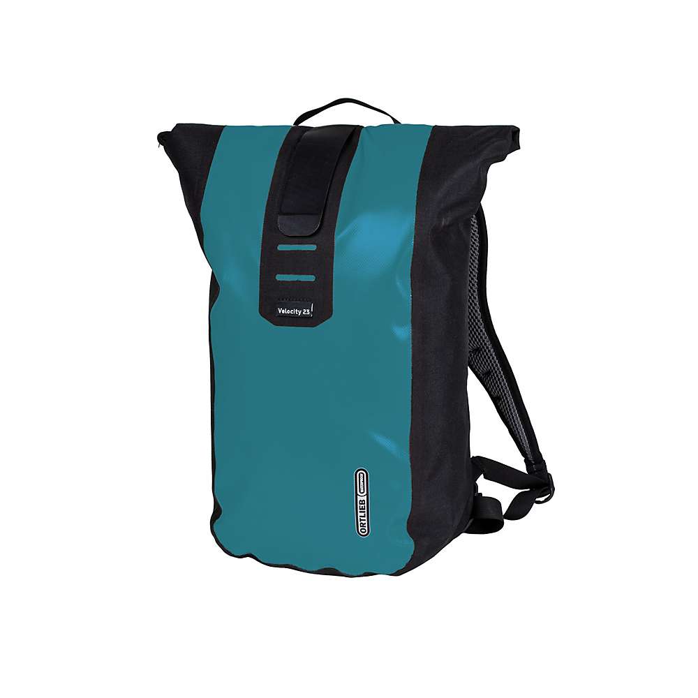 The Ortlieb Velocity Daypack is a teal and black roll-top cycling backpack with black straps, a front handle, and a mesh side pocket. The waterproof bag features the Ortlieb logo near the bottom and is shown on a white background.