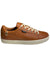 Brown waterproof low-top lace-up shoe with padded collar and white rubber sole