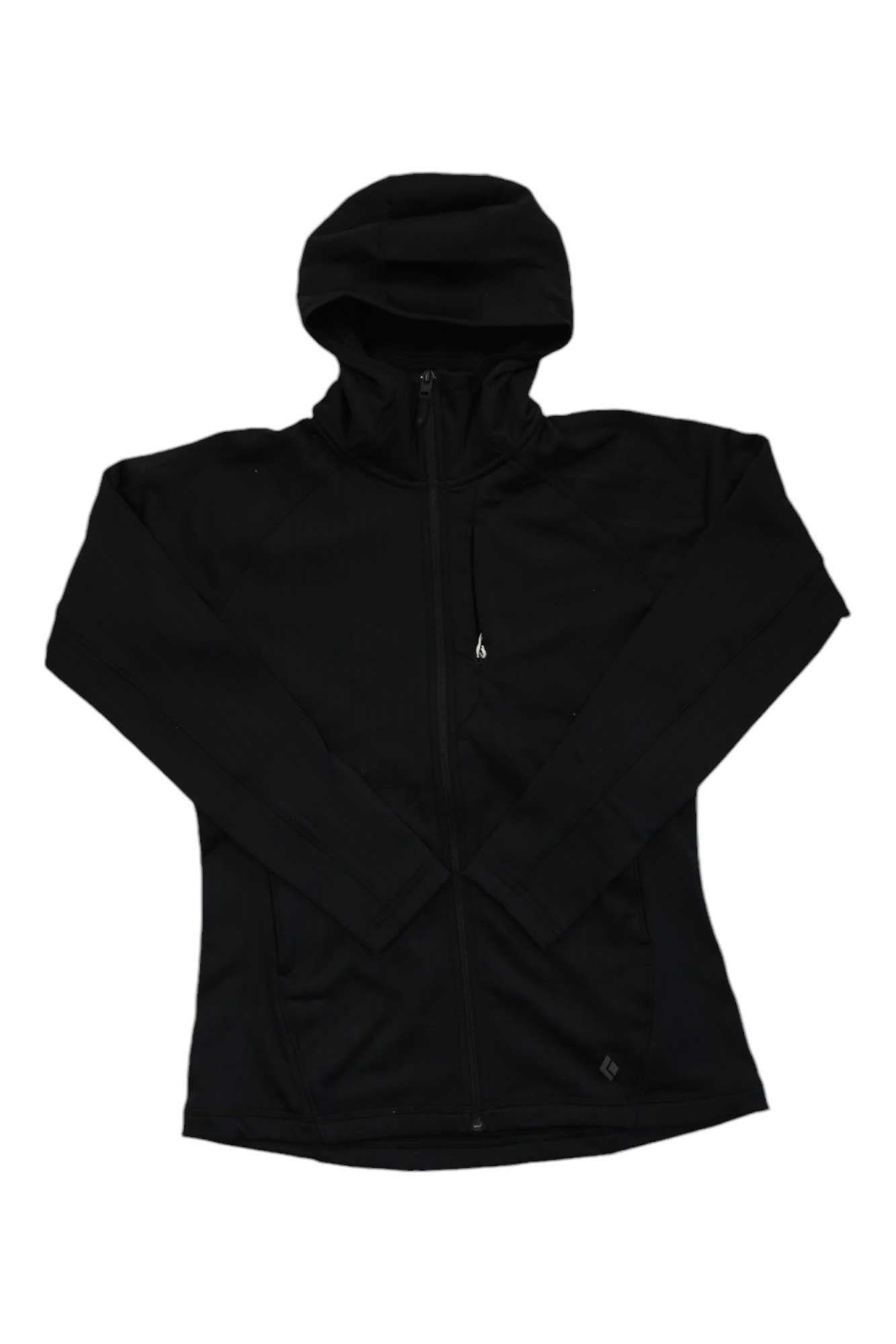 The Black Diamond Womens Factor Fleece Hoody, a black zip-up jacket with long sleeves made from polyester wool stretch, is shown laid flat on a white background.