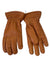 A pair of Hestra Womens Deerskin Primaloft Gloves in brown, featuring visible stitching and gathered elastic wrists, is laid flat on a white background.