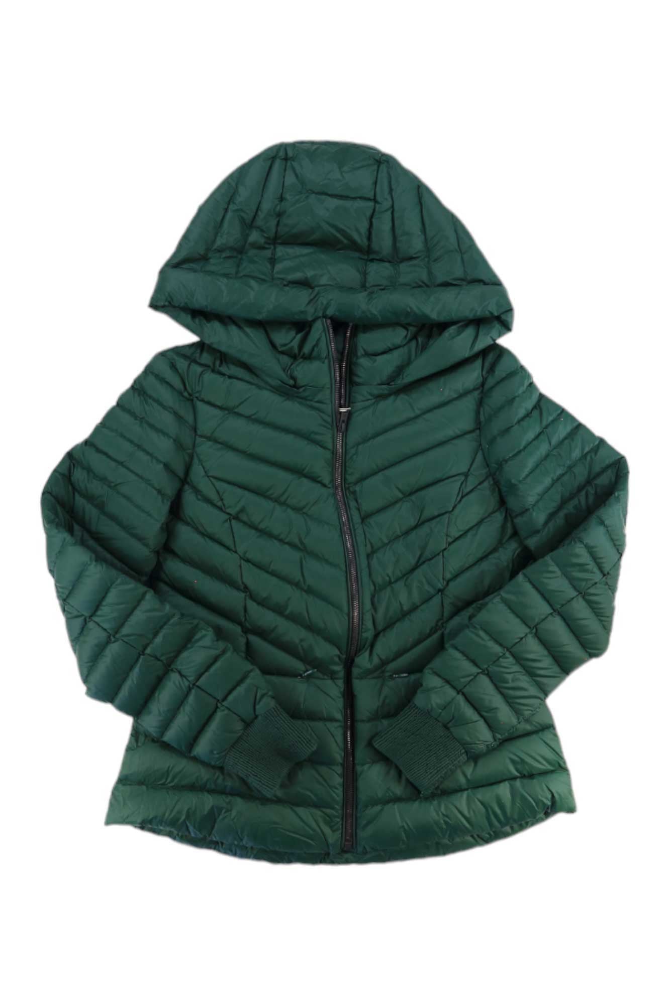 The Soia & Kyo Women's Chalee Jacket is a dark green quilted winter coat with horizontal quilting, a hood, full-length sleeves, and a front zipper closure, shown laid flat on a white background.