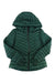 The Soia & Kyo Women's Chalee Jacket is a dark green quilted winter coat with horizontal quilting, a hood, full-length sleeves, and a front zipper closure, shown laid flat on a white background.
