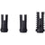 Three black rubber arrow nocks stand upright in a row: two plain with central slits, and the rightmost featuring ribbed sides for extra grip—similar to a Full Speed Ahead Di2 Seatpost Battery Plug for precision and control.