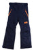 The Helly Hansen Juniors Legendary Pant in navy blue features orange zipper pockets, a logo on the left leg, waterproof insulation, and adjustable waist tabs—perfect ski pants for kids.