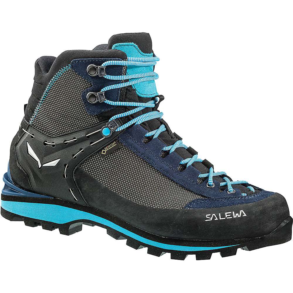 Salewa Crow GTX hiking boot in dark navy with turquoise laces, ankle support, and rugged sole