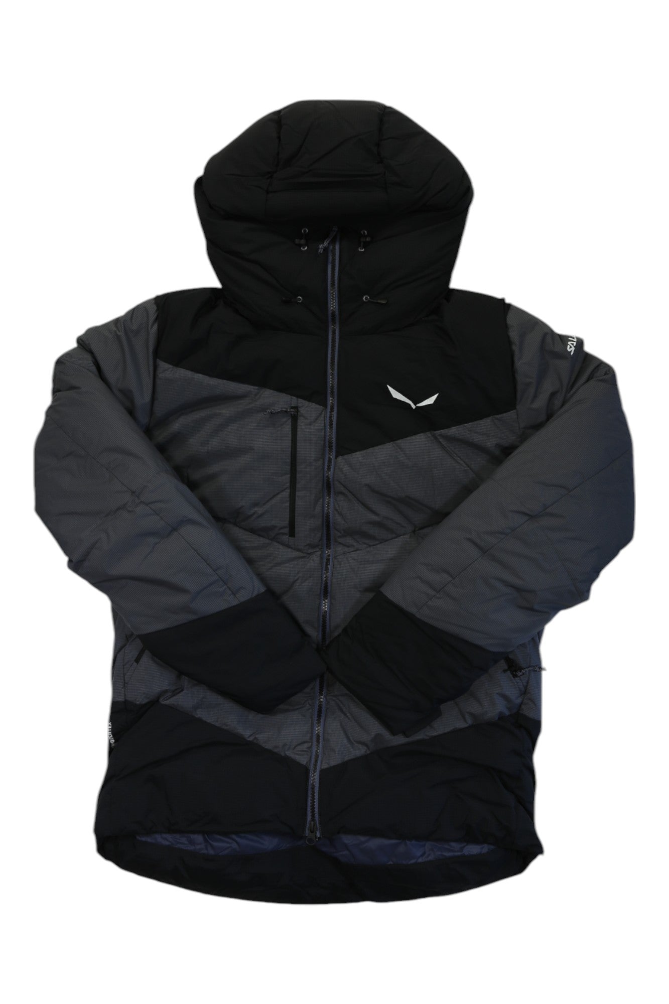 The Salewa Mens Ortles Heavy 2 PTX/RDS Down Jacket is a two-tone black and dark gray men's down jacket with a front zipper, zippered chest pocket, white logo, and quilted insulated design for warmth during outdoor adventures.