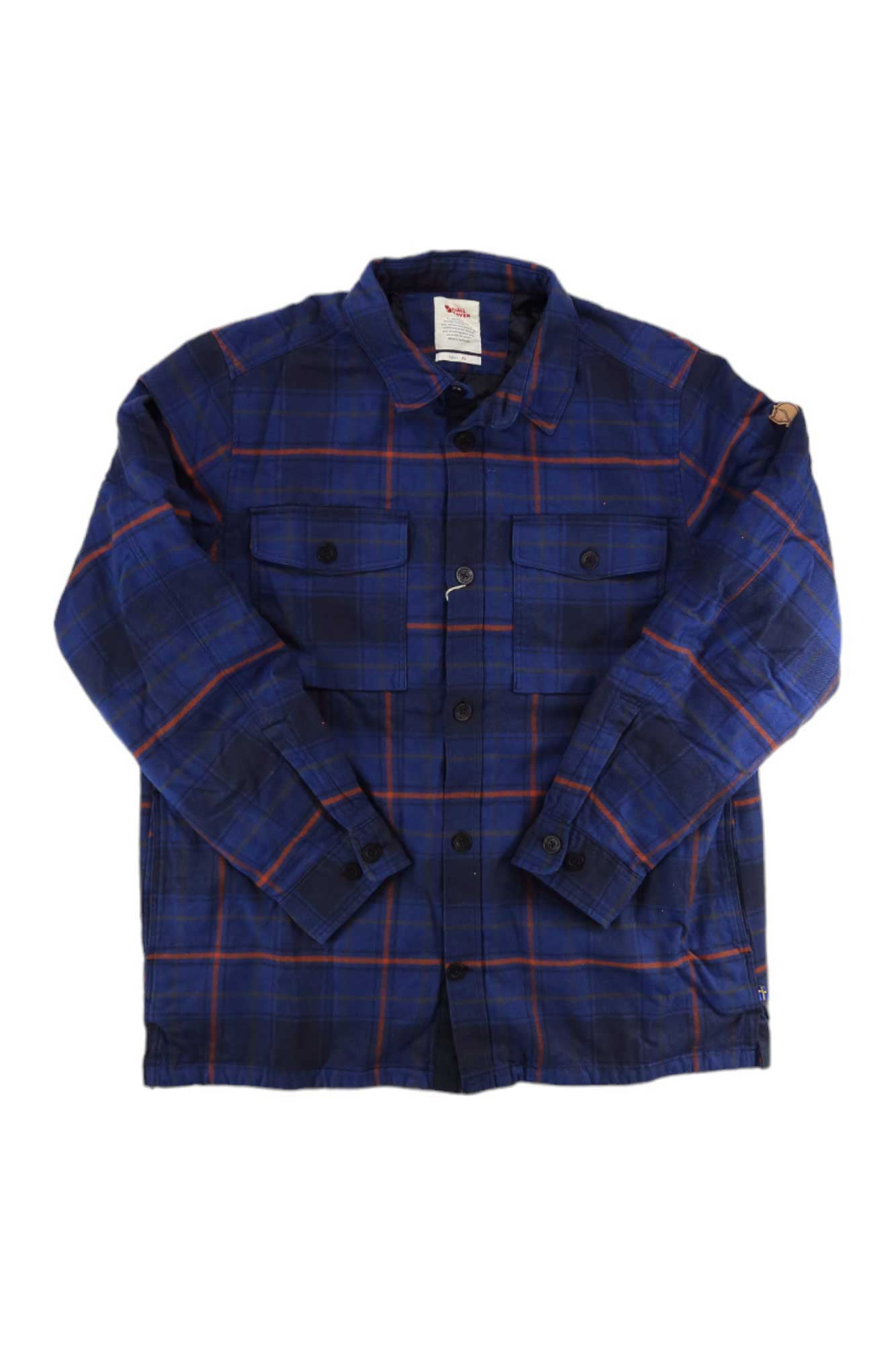 Padded plaid button-up shirt in blue with flap chest pockets and button front